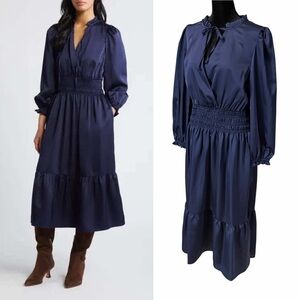 Eliza J Satin Midi Dress Navy Blue Smocked Ling Sleeve Classy Wedding Guest 12